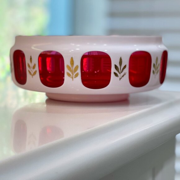 -Vintage Ruby and Milk-glass Hand Painted Bowl- Mod Kitchen Luxe - Picture 1 of 16